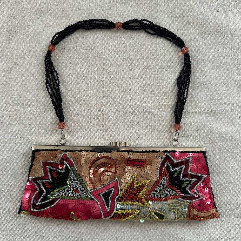 Vintage 90s Bougainvillea Sequin Beaded Purse Clutch MINT